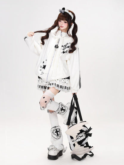 Crazy Girl Detachable Cat Ear Hood Music Note Embroidered Women&