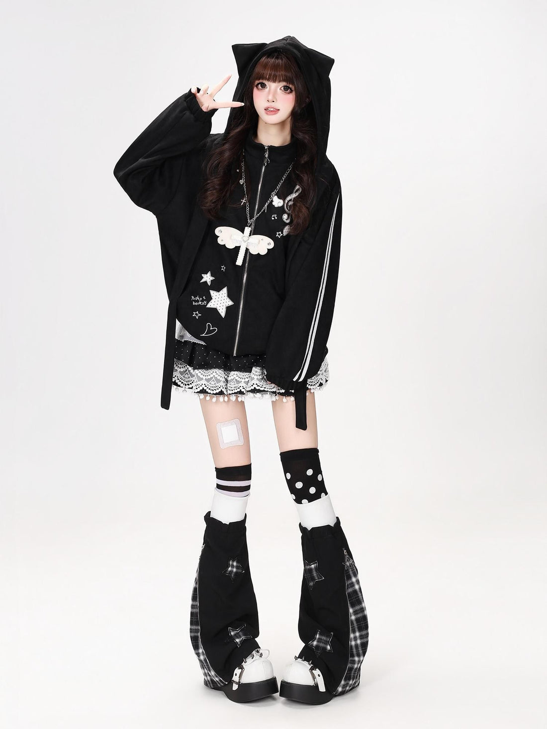 Crazy Girl Detachable Cat Ear Hood Music Note Embroidered Women&