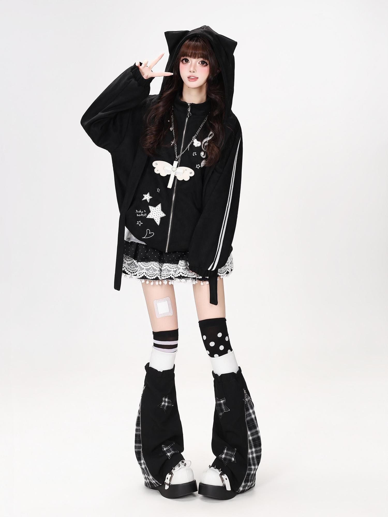 Crazy Girl Detachable Cat Ear Hood Music Note Embroidered Women&