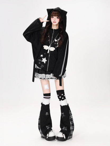 Crazy Girl Detachable Cat Ear Hood Music Note Embroidered Women&