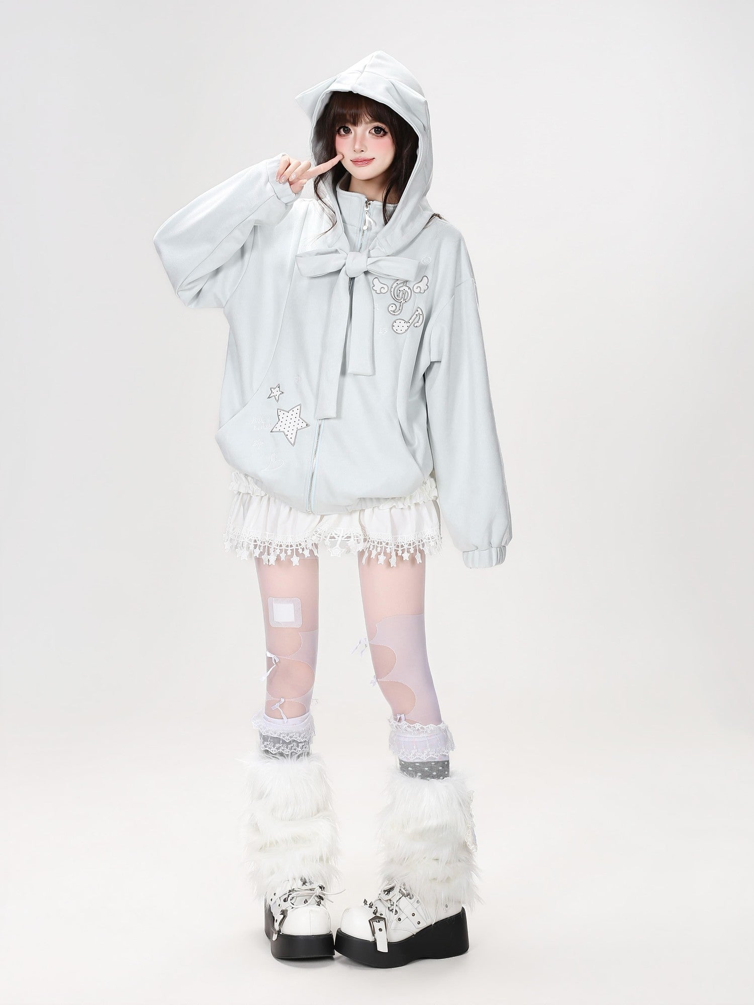 Crazy Girl Detachable Cat Ear Hood Music Note Embroidered Women&
