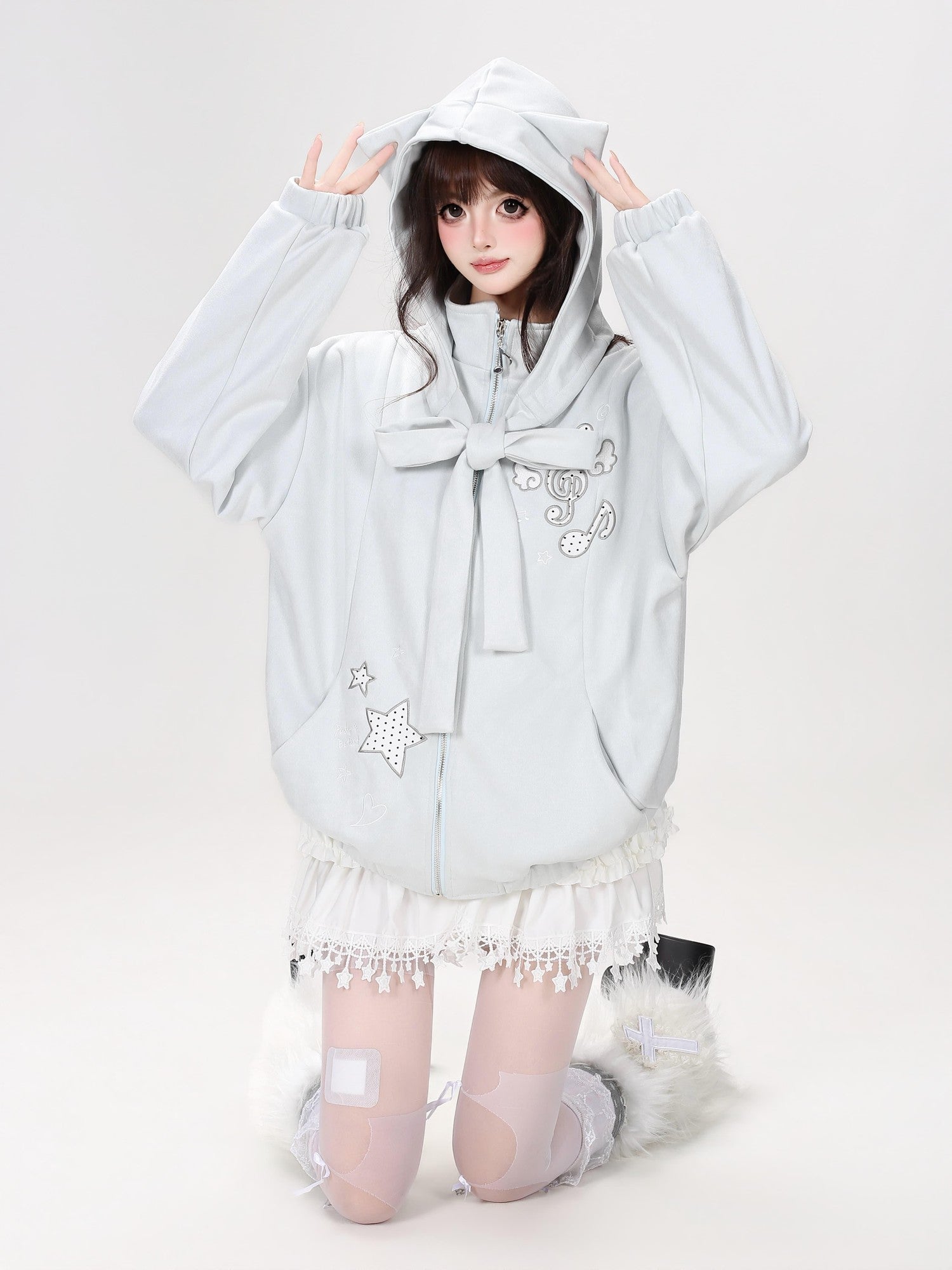 Crazy Girl Detachable Cat Ear Hood Music Note Embroidered Women&