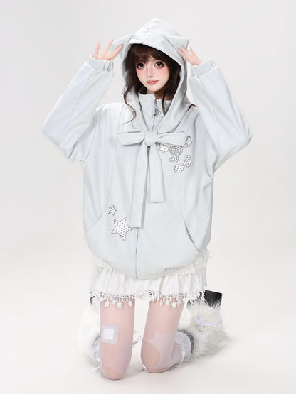 Crazy Girl Detachable Cat Ear Hood Music Note Embroidered Women&
