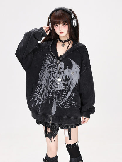 Crazy Girl Devil Angel Stripe Vintage Washed Distressed Street Women&