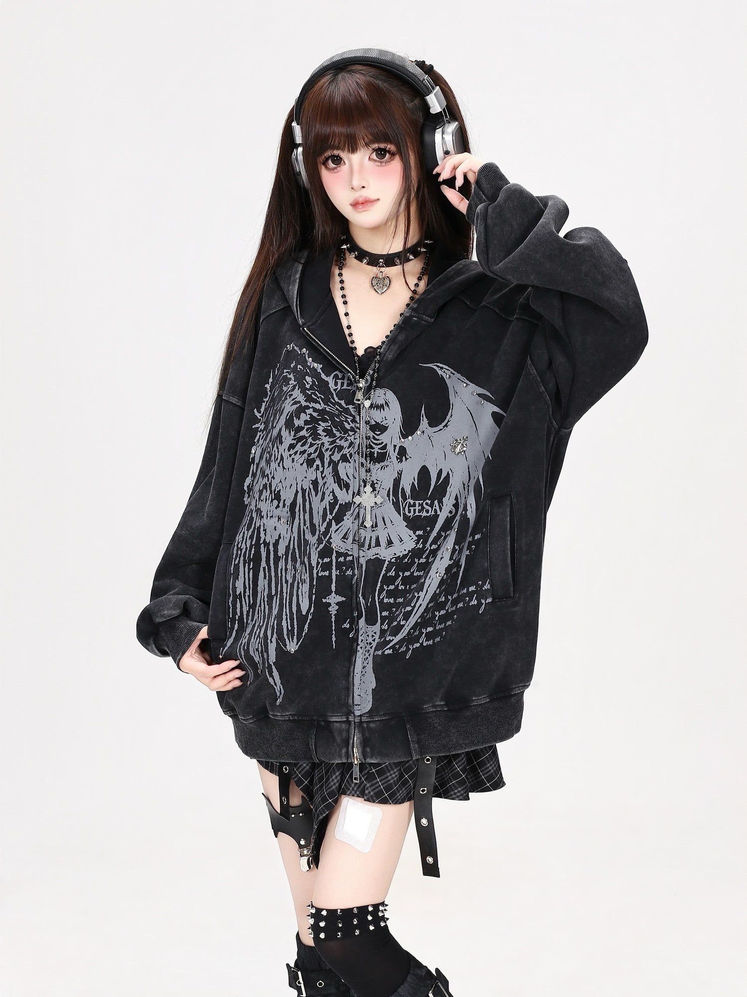 Crazy Girl Devil Angel Stripe Vintage Washed Distressed Street Women&