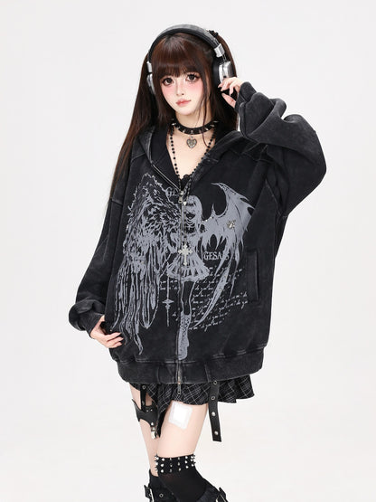 Crazy Girl Devil Angel Stripe Vintage Washed Distressed Street Women&