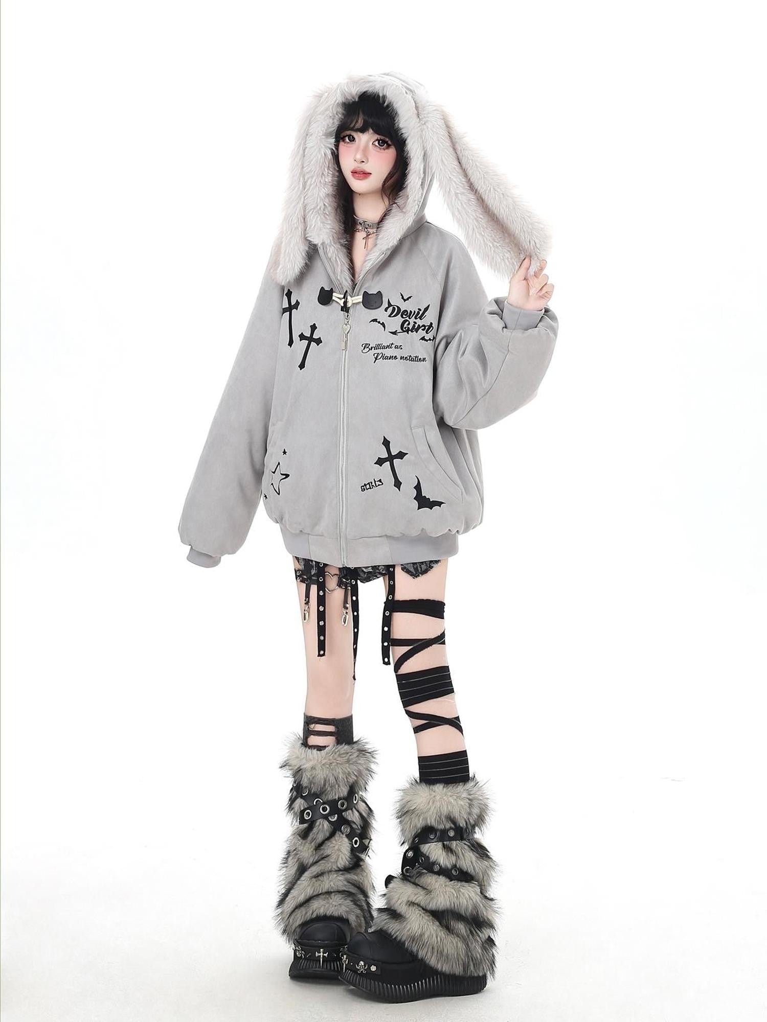 Crazy Girl Devil Rabbit Hooded Plush Suede Women&