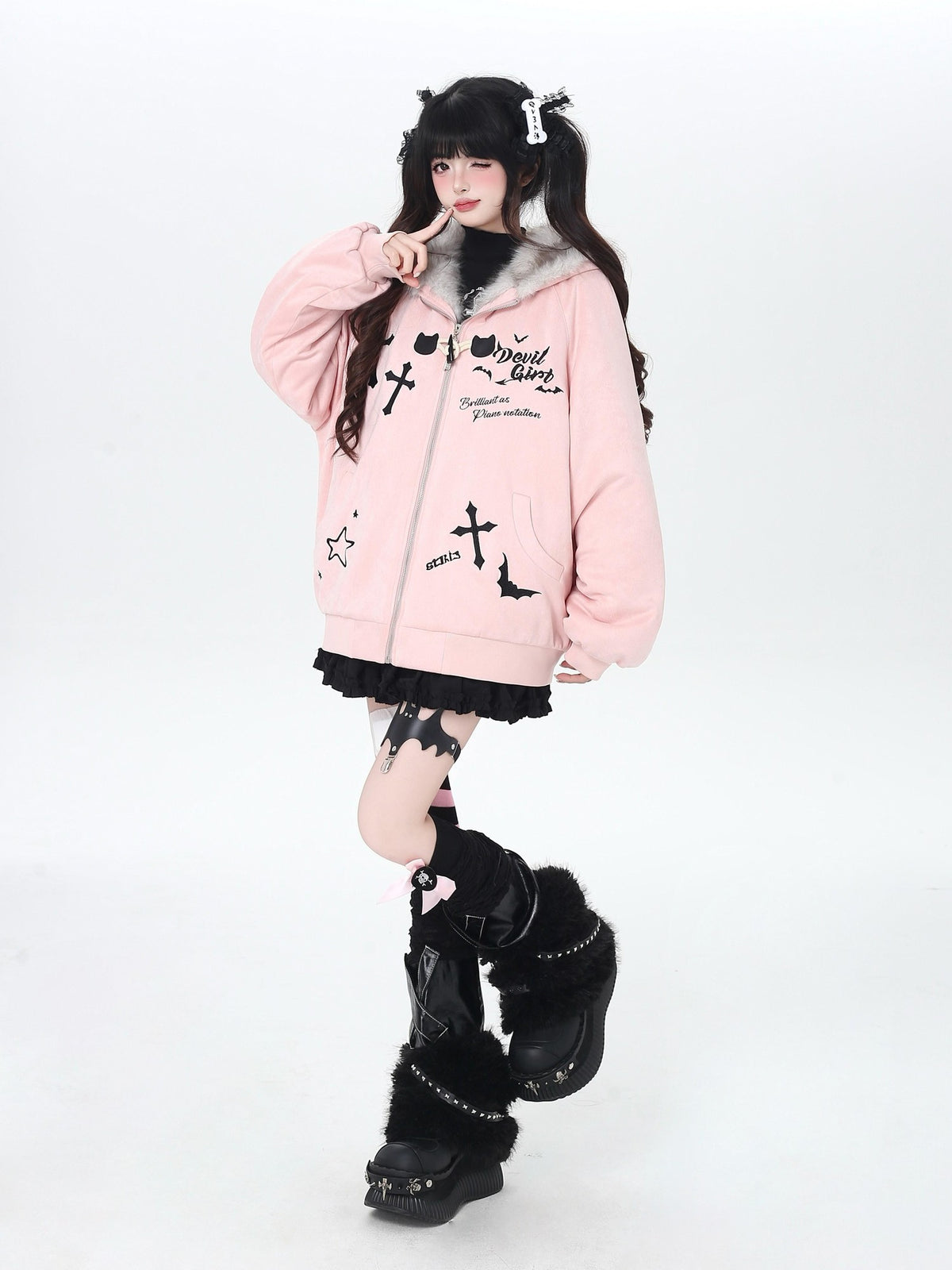 Crazy Girl Devil Rabbit Hooded Plush Suede Women&