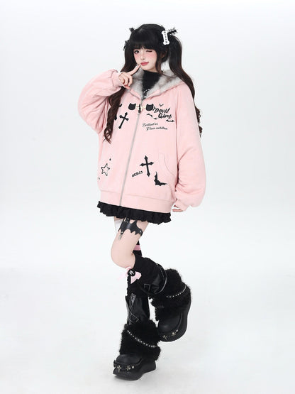 Crazy Girl Devil Rabbit Hooded Plush Suede Women&