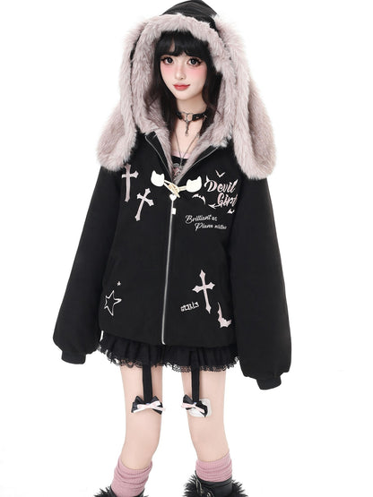 Crazy Girl Devil Rabbit Hooded Plush Suede Women&