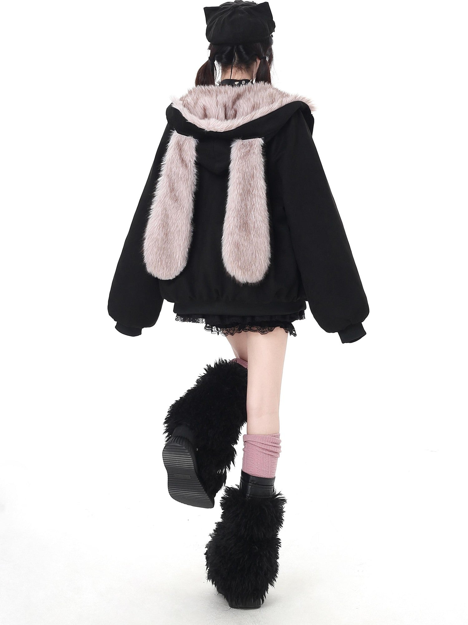 Crazy Girl Devil Rabbit Hooded Plush Suede Women&