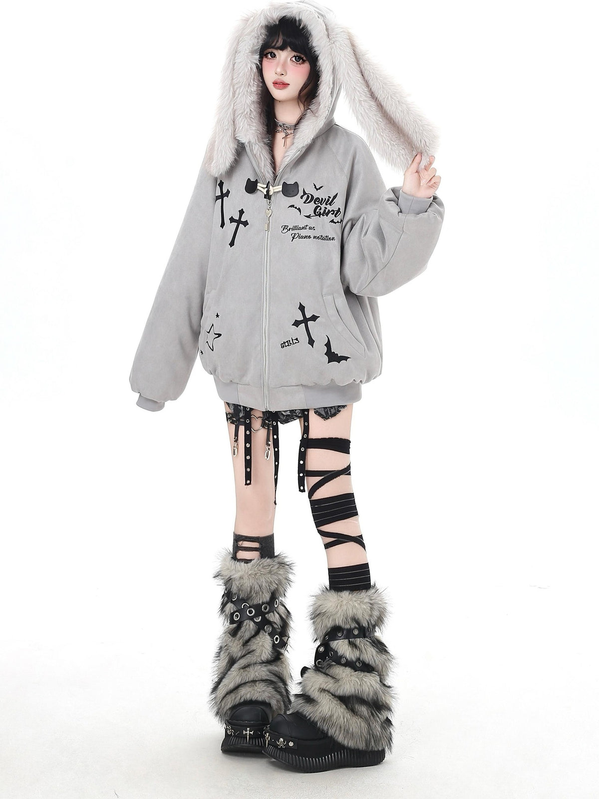 Crazy Girl Devil Rabbit Hooded Plush Suede Women&