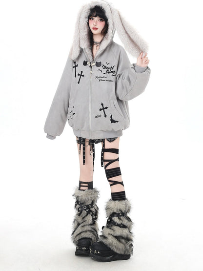 Crazy Girl Devil Rabbit Hooded Plush Suede Women&