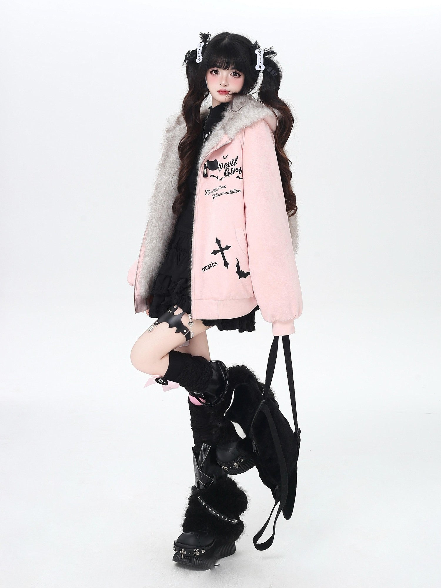 Crazy Girl Devil Rabbit Hooded Plush Suede Women&
