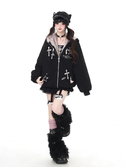 Crazy Girl Devil Rabbit Hooded Plush Suede Women&