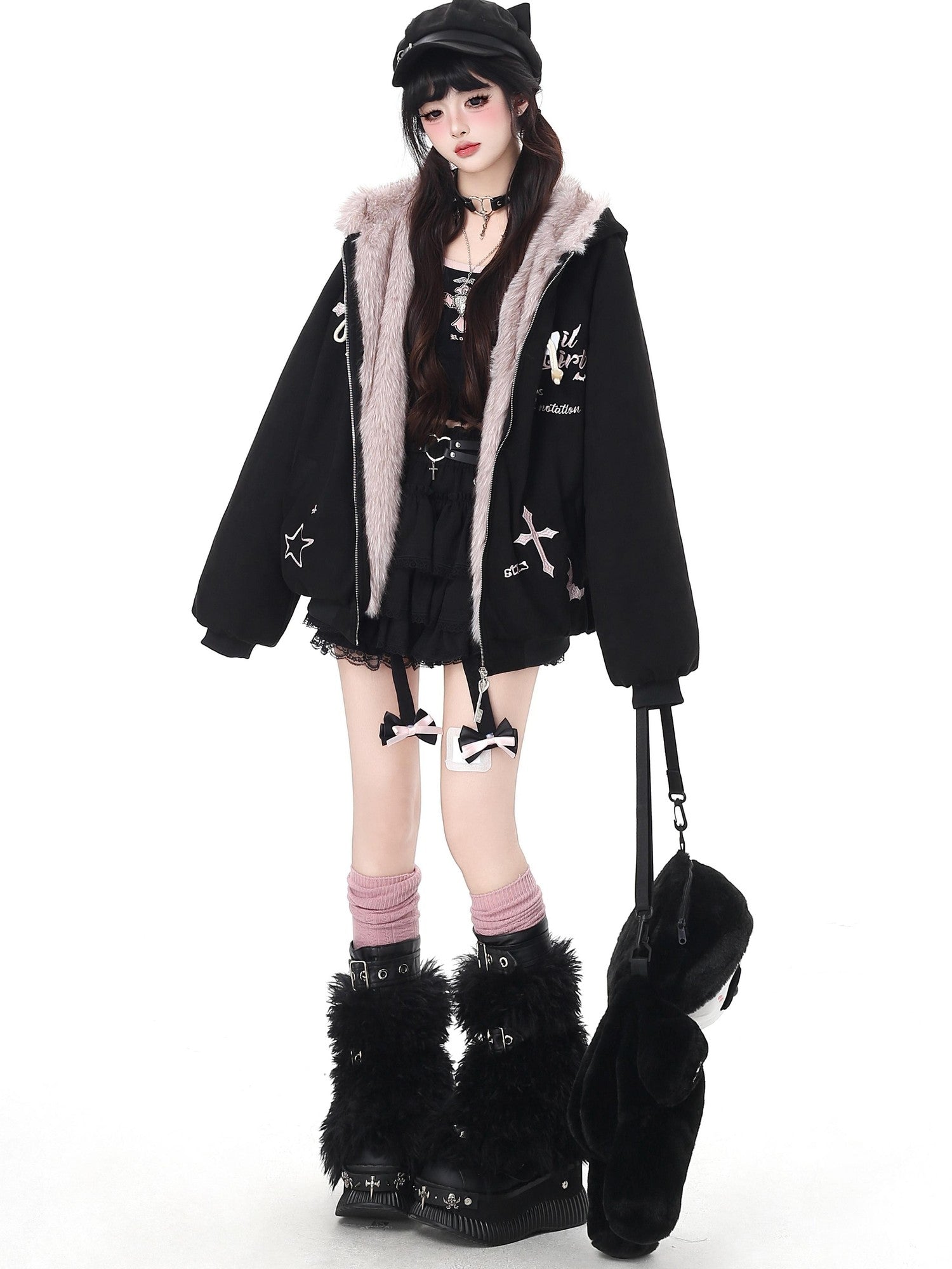 Crazy Girl Devil Rabbit Hooded Plush Suede Women&