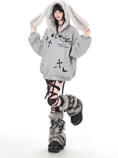 Crazy Girl Devil Rabbit Hooded Plush Suede Women&