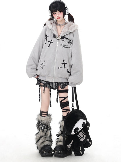 Crazy Girl Devil Rabbit Hooded Plush Suede Women&