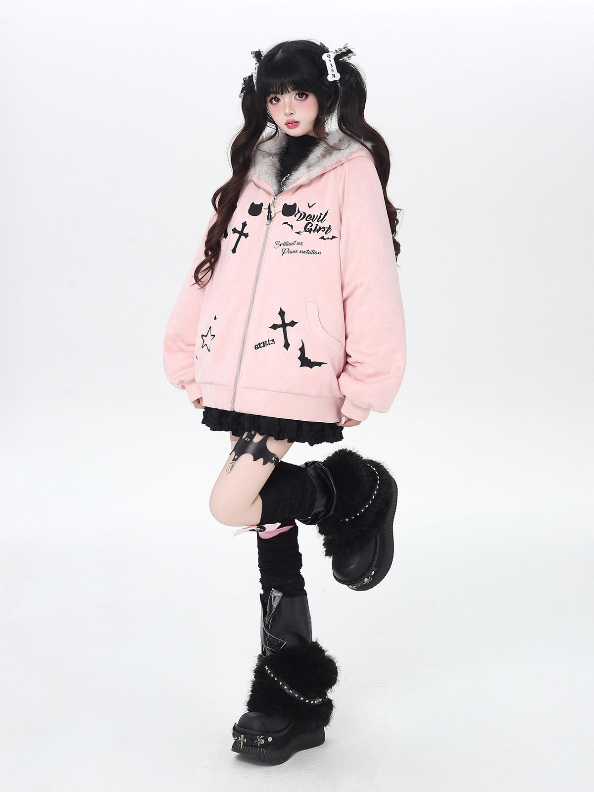 Crazy Girl Devil Rabbit Hooded Plush Suede Women&
