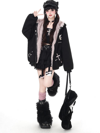 Crazy Girl Devil Rabbit Hooded Plush Suede Women&