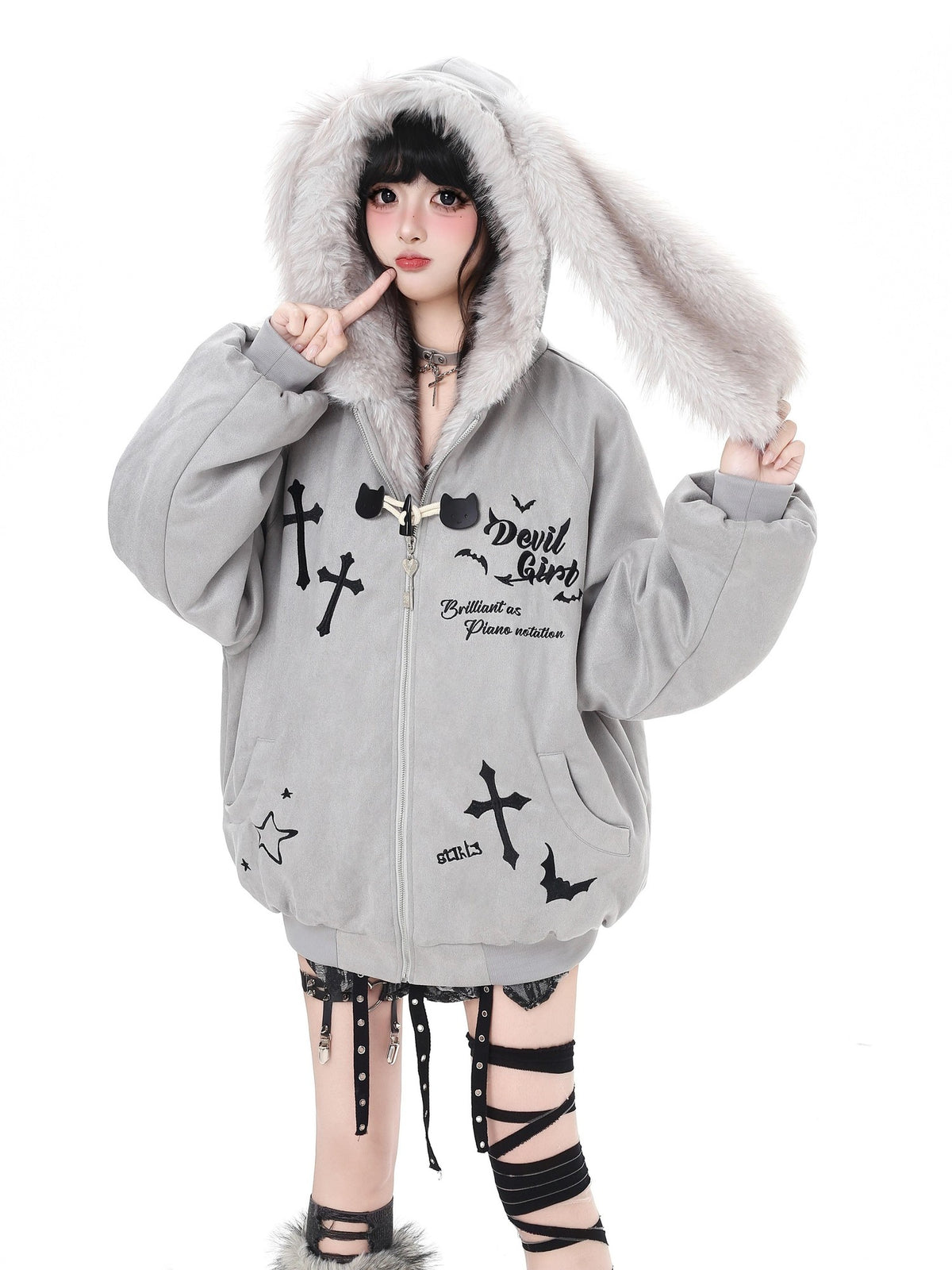 Crazy Girl Devil Rabbit Hooded Plush Suede Women&