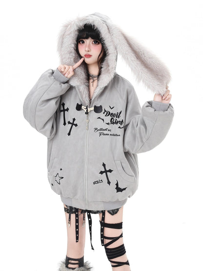Crazy Girl Devil Rabbit Hooded Plush Suede Women&