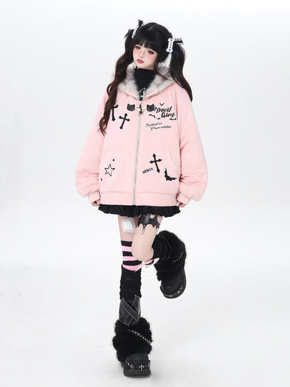 Crazy Girl Devil Rabbit Hooded Plush Suede Women&