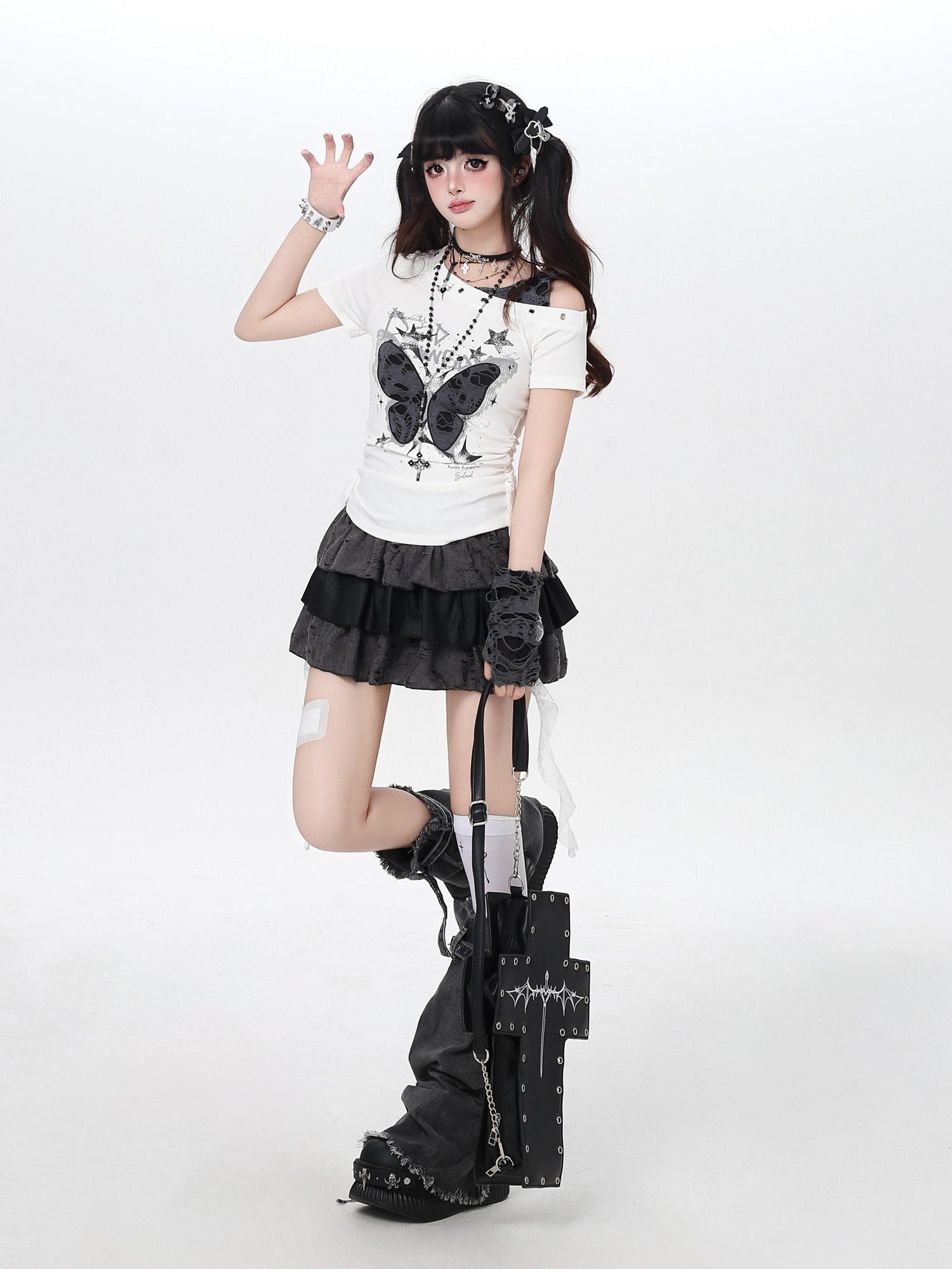 Crazy Girl Distressed Butterfly Patchwork Faux Layered Fitted Women&