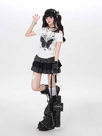 Crazy Girl Distressed Butterfly Patchwork Faux Layered Fitted Women&
