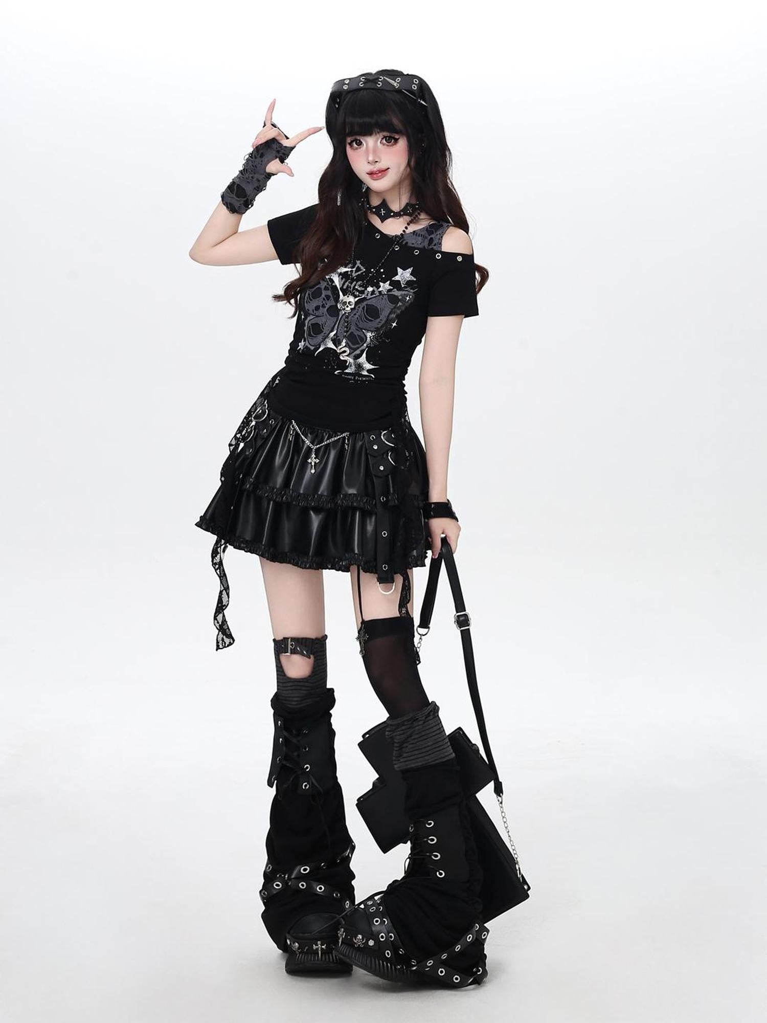 Crazy Girl Distressed Butterfly Patchwork Faux Layered Fitted Women&