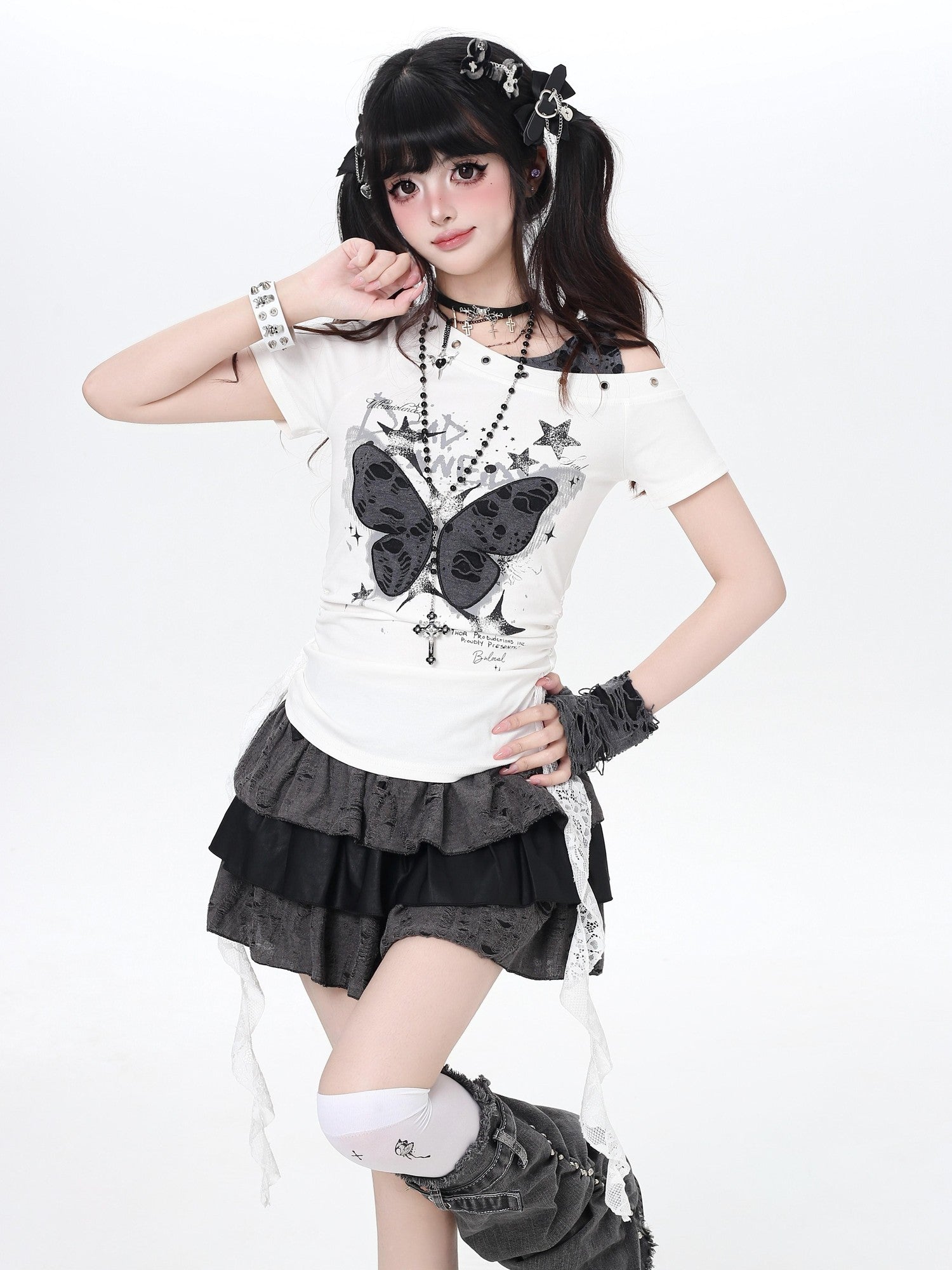Crazy Girl Distressed Butterfly Patchwork Faux Layered Fitted Women&