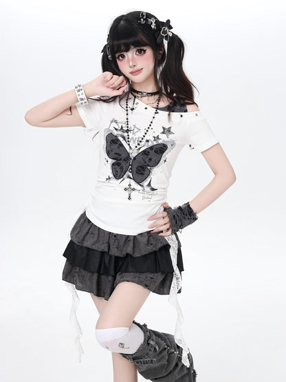 Crazy Girl Distressed Butterfly Patchwork Faux Layered Fitted Women&