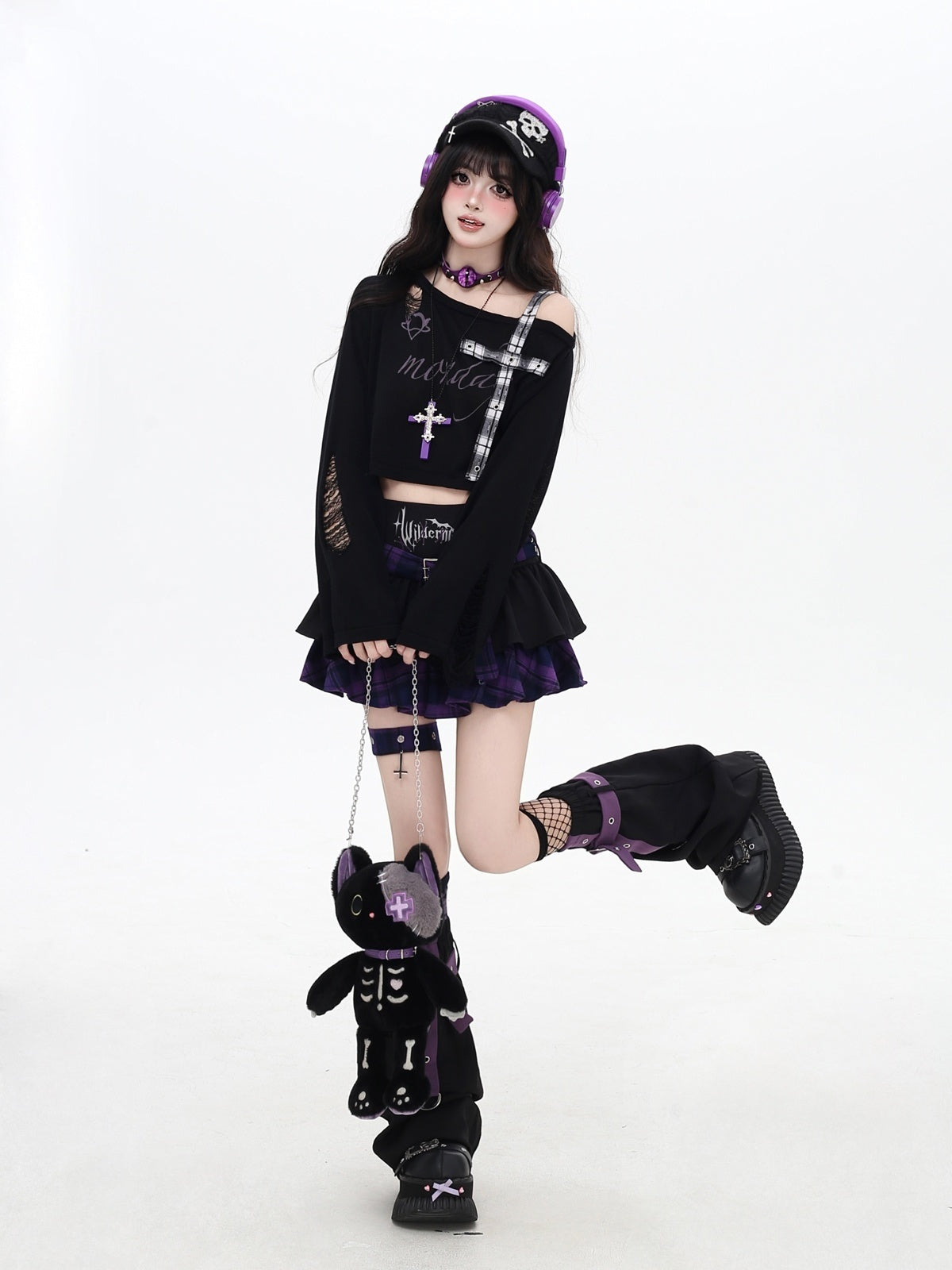 Crazy_Girl_Distressed_Checkered_Strap_Slanted_Neck_Women&