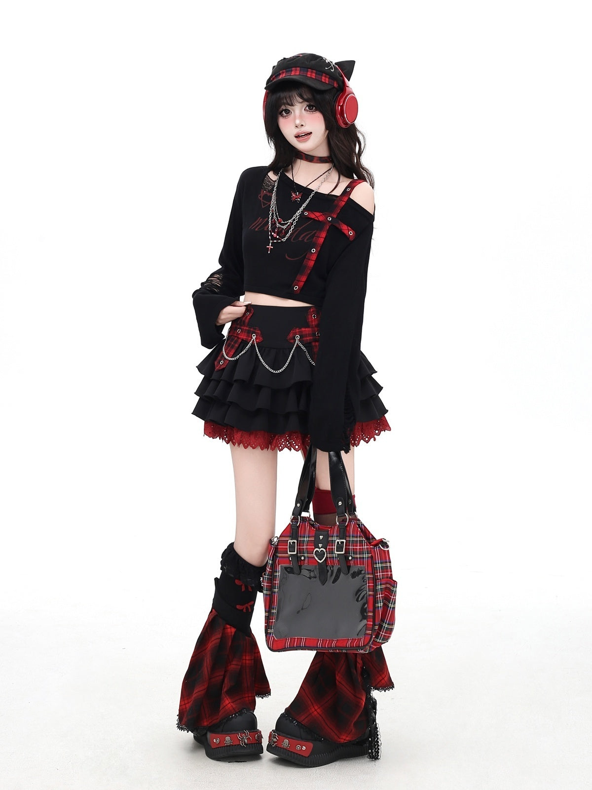 Crazy_Girl_Distressed_Checkered_Strap_Slanted_Neck_Women&