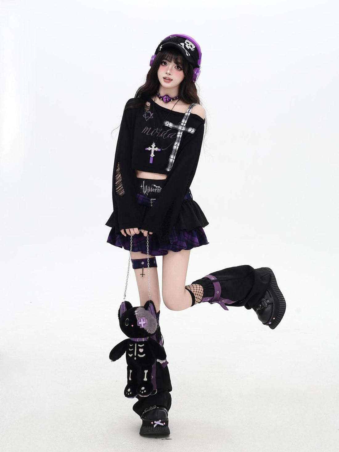 Crazy Girl Distressed Checkered Strap Slanted Neck Women&