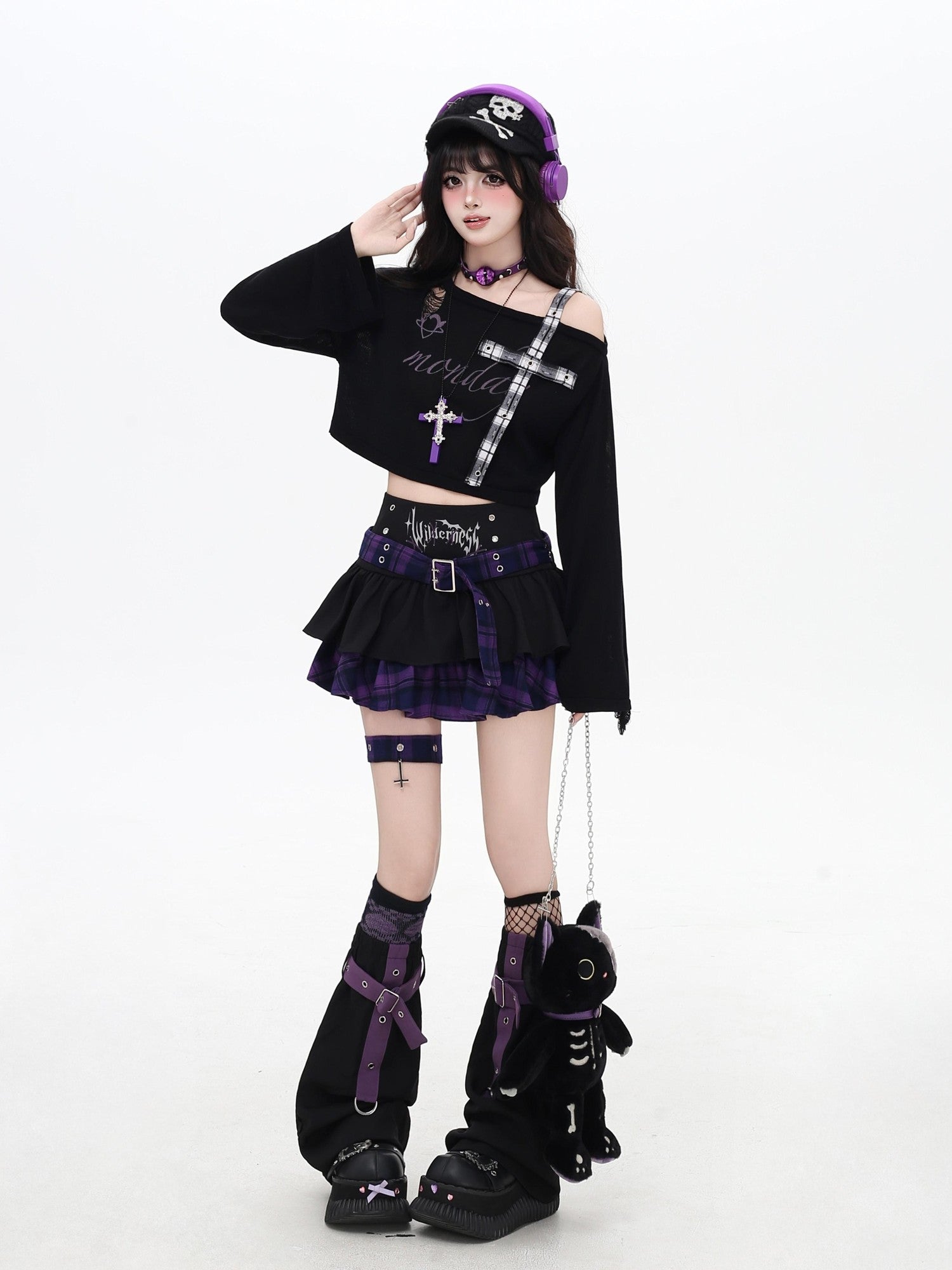 Crazy Girl Distressed Checkered Strap Slanted Neck Women&