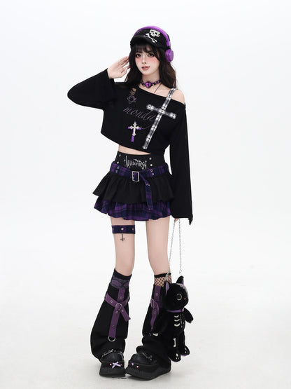 Crazy Girl Distressed Checkered Strap Slanted Neck Women&