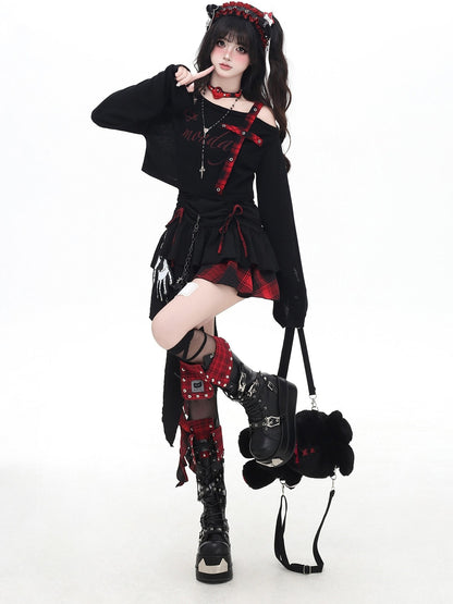 Crazy Girl Distressed Checkered Strap Slanted Neck Women&