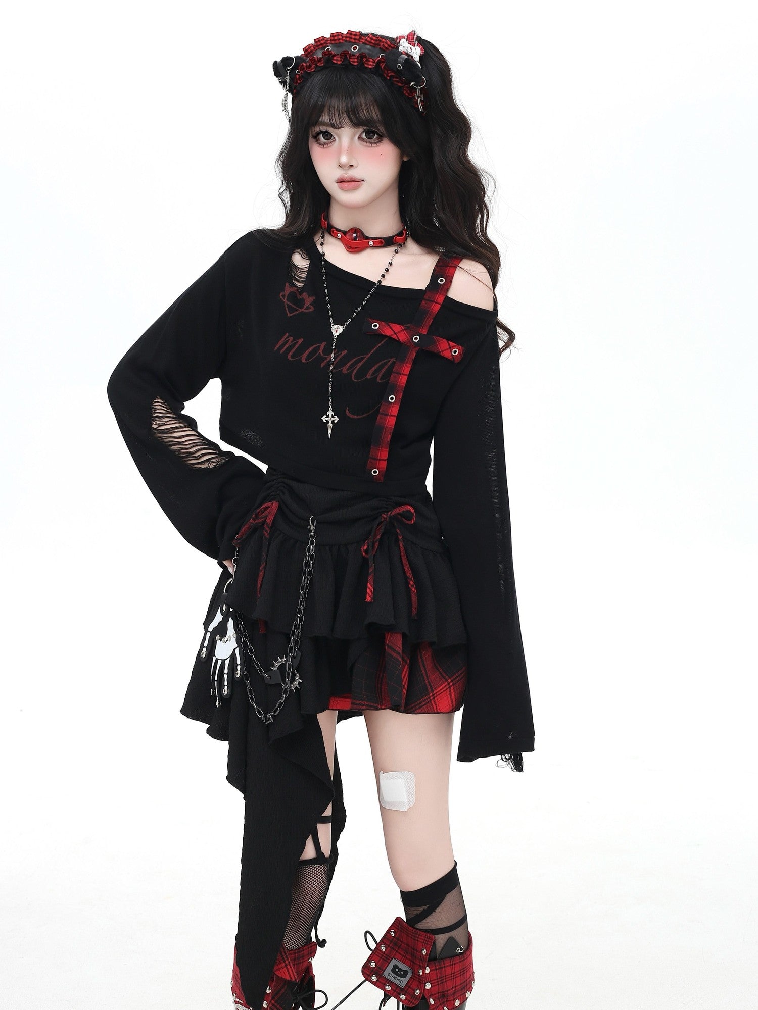 Crazy Girl Distressed Checkered Strap Slanted Neck Women&