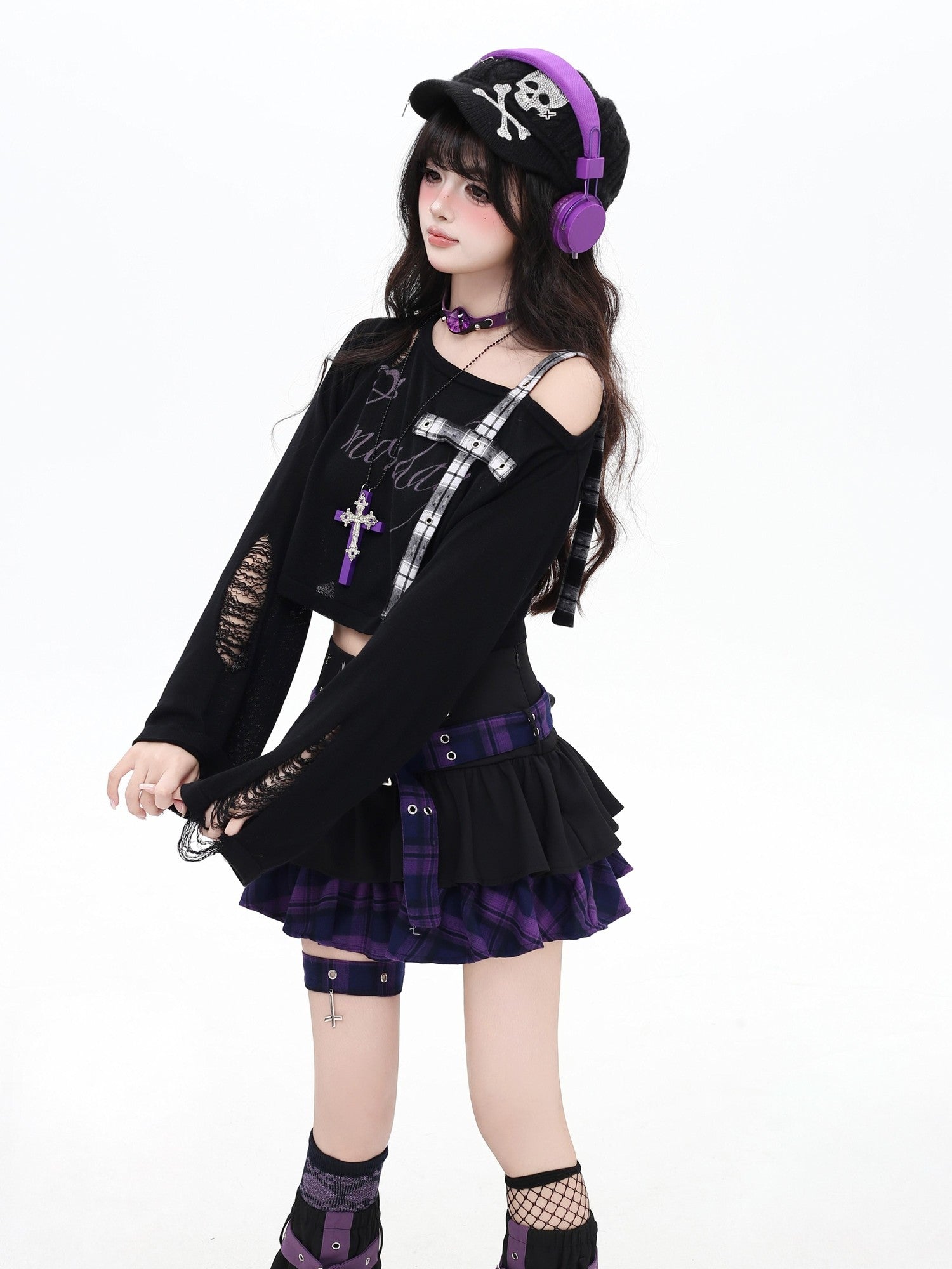 Crazy Girl Distressed Checkered Strap Slanted Neck Women&