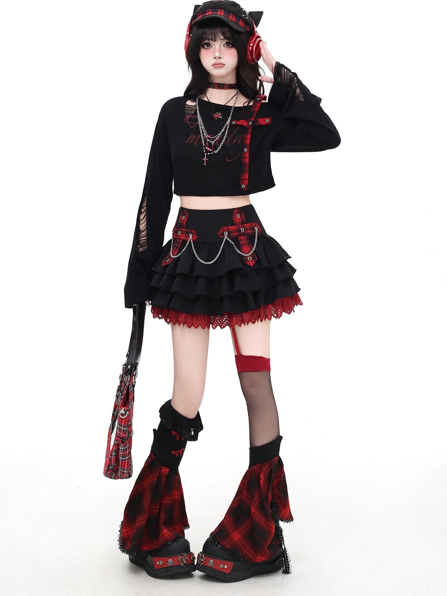 Crazy Girl Distressed Checkered Strap Slanted Neck Women&
