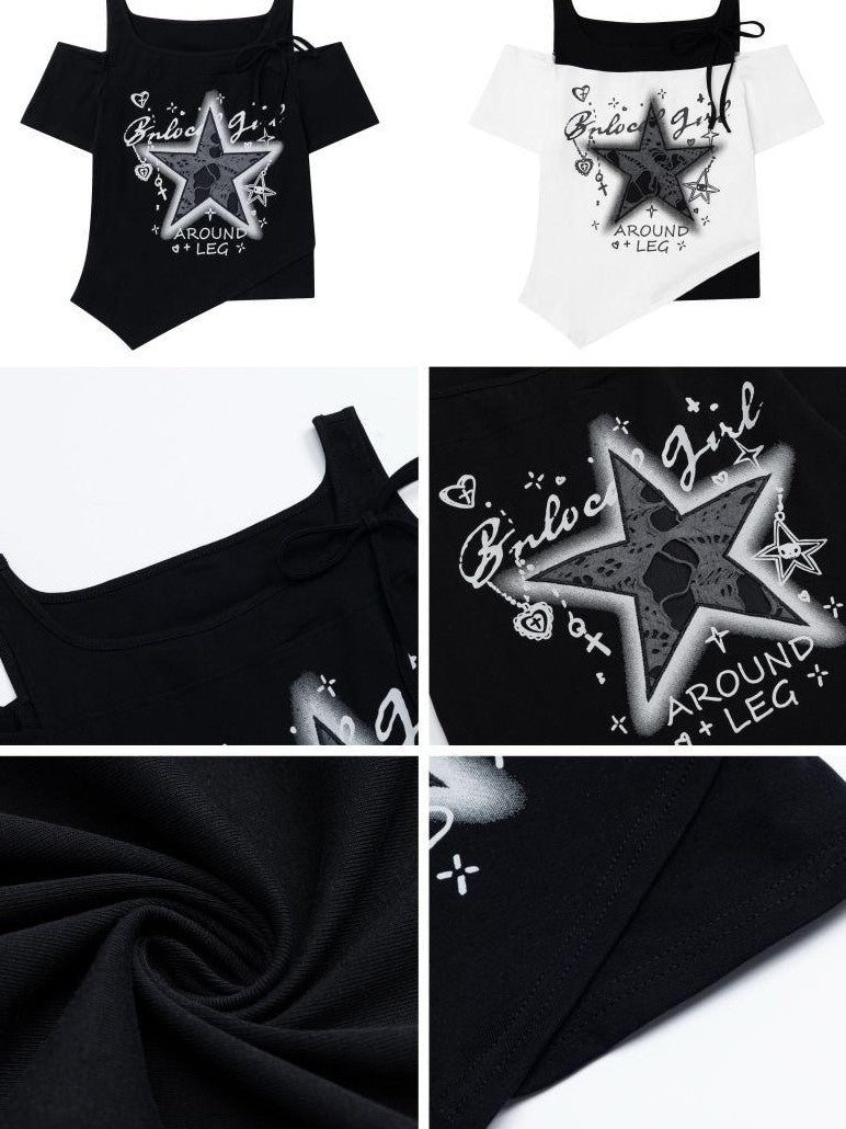 Crazy Girl Distressed Star Spliced Fake Two Piece Women&