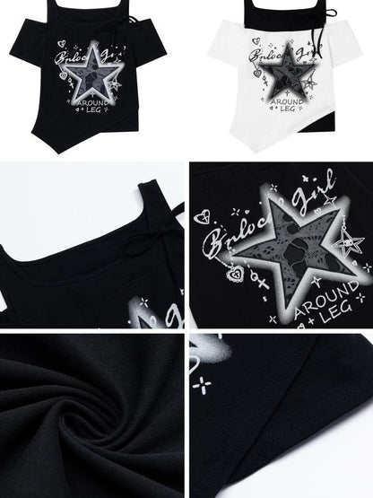 Crazy Girl Distressed Star Spliced Fake Two Piece Women&