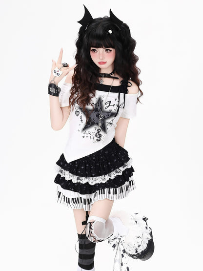 Crazy Girl Distressed Star Spliced Fake Two Piece Women&