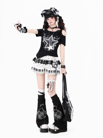 Crazy Girl Distressed Star Spliced Fake Two Piece Women&