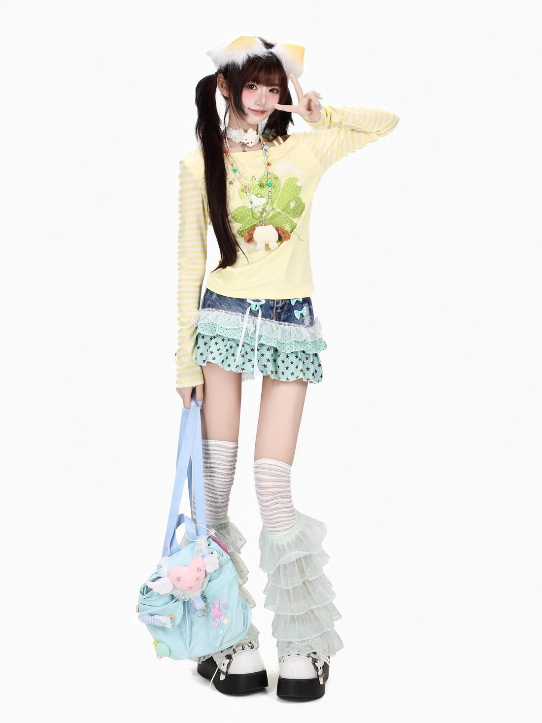 Crazy Girl Dopamine Striped Clover Spliced Asymmetric Women&