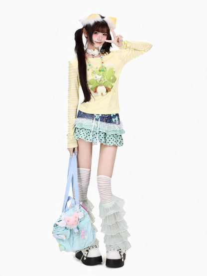 Crazy Girl Dopamine Striped Clover Spliced Asymmetric Women&