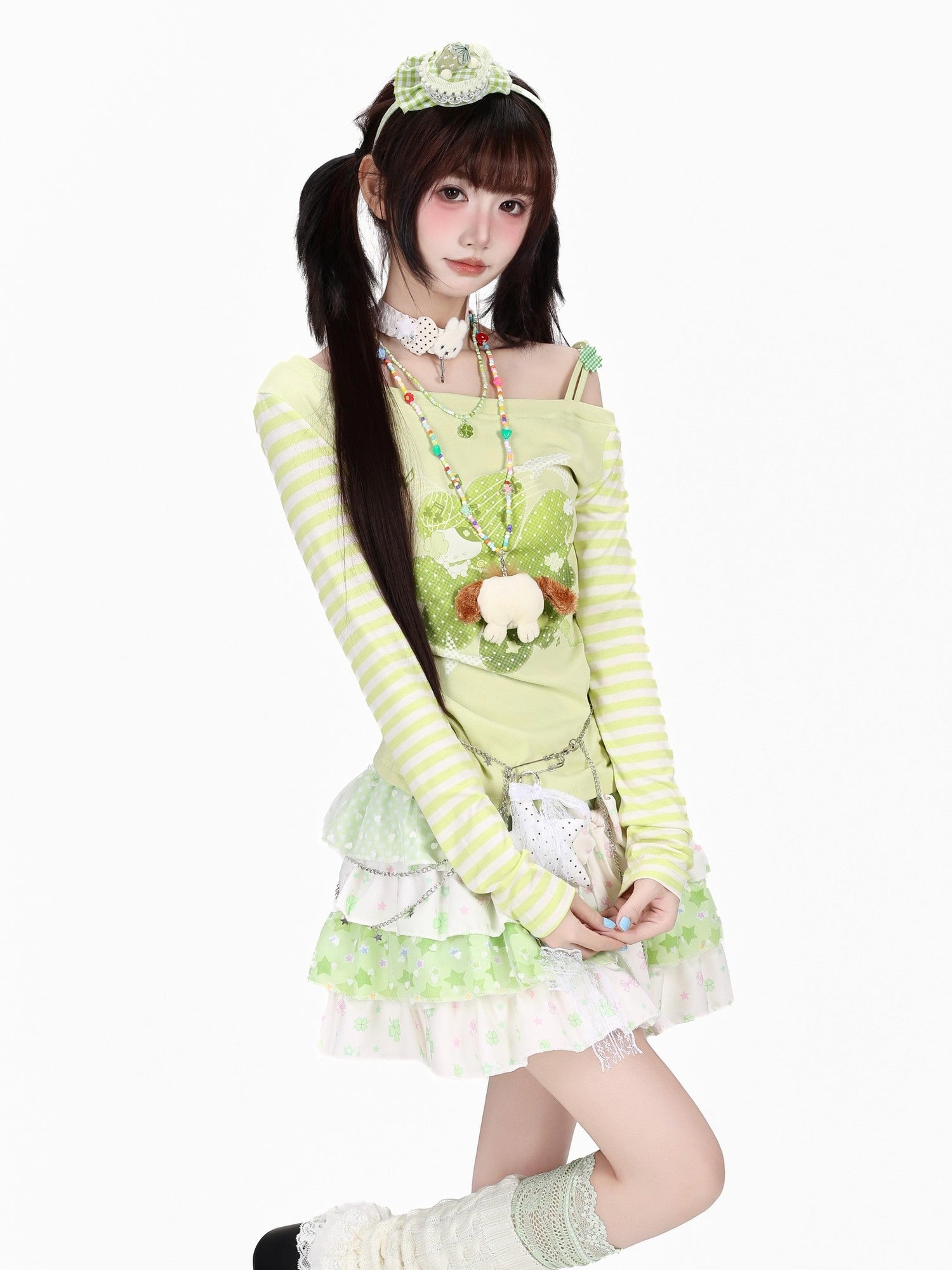 Crazy Girl Dopamine Striped Clover Spliced Asymmetric Women&
