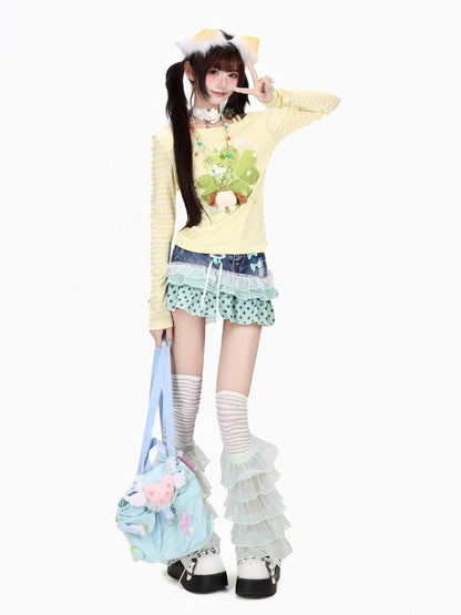 Crazy Girl Dopamine Striped Clover Spliced Asymmetric Women&