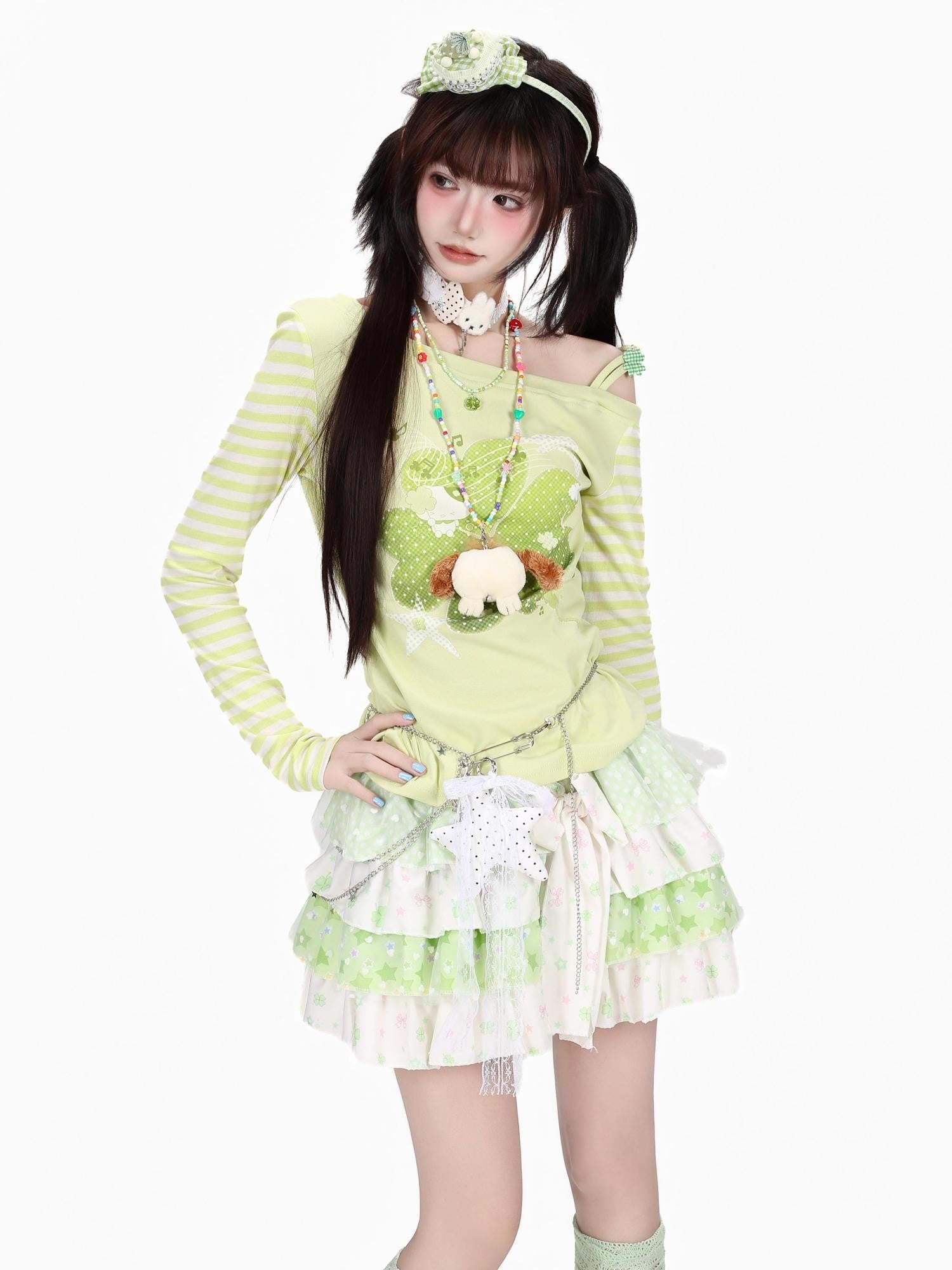 Crazy Girl Dopamine Striped Clover Spliced Asymmetric Women&
